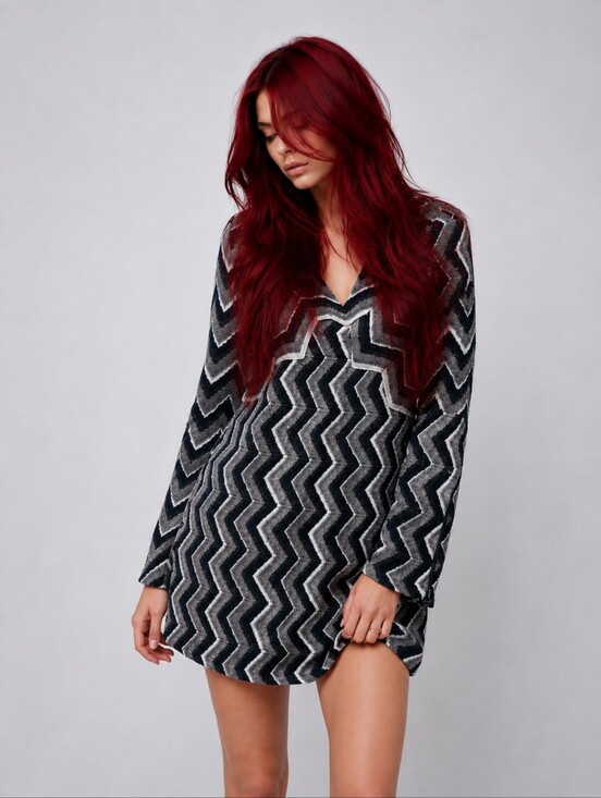 Free People Dresses & Skirts - Free People XS Chevron Zigzag Knit Sweater Dress Long Sleeve Zip Cuff Mini Dress
